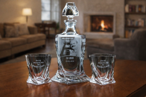 Bohemia KARAFKA QUADRO 0,85 l + 2 szklanki do whisky EMERYTURA, ze zdjęciem! 