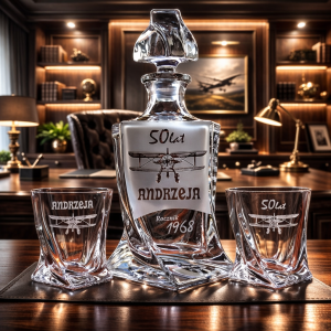 Bohemia KARAFKA QUADRO 0,85 l + 2 szklanki do whisky - PILOT/LOTNIK/SAMOLOT ze zdjęciem!