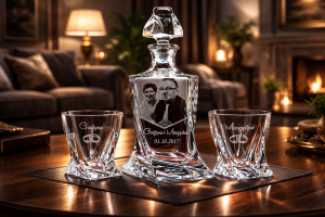 Bohemia KARAFKA QUADRO 0,85 l + 2 szklanki do whisky ROCZNICA ŚLUBU ze zdjęciem