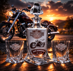 Bohemia KARAFKA QUADRO 0,85 l + 2 szklanki do whisky - MOTOCYKLISTA/MOTOR , ze zdjęciem!