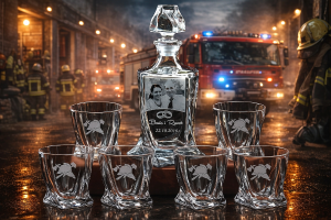 Bohemia KARAFKA QUADRO 0,85 l + 6 szklanek do whisky- STRAŻAK, ze zdjęciem!