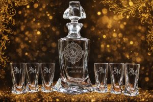 Bohemia KARAFKA QUADRO 0,50 l + 6 kieliszków do likieru PAMIĄTKA ŚLUBU