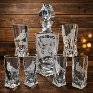 Bohemia KARAFKA QUADRO 0,50 l + 6 kieliszków do likieru- HODOWCA GOŁĘBI